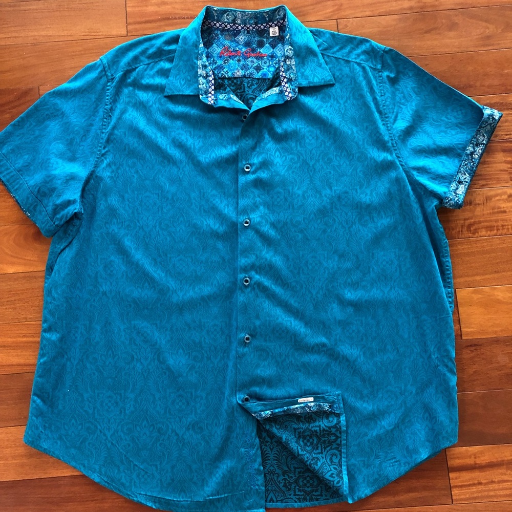 Beautiful teal blue pattern on pattern RG men’s short sleeve shirt in 3XL